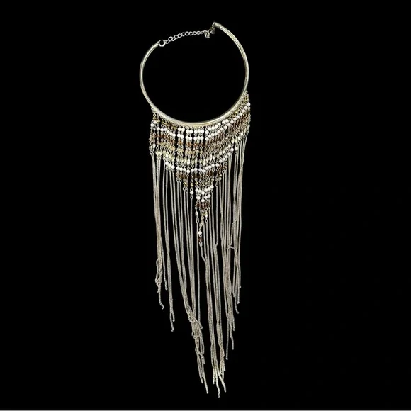 Gold Tone Boho Fringe Statement Necklace Bib Collar Festival Cleopatra Style - Picture 3 of 4